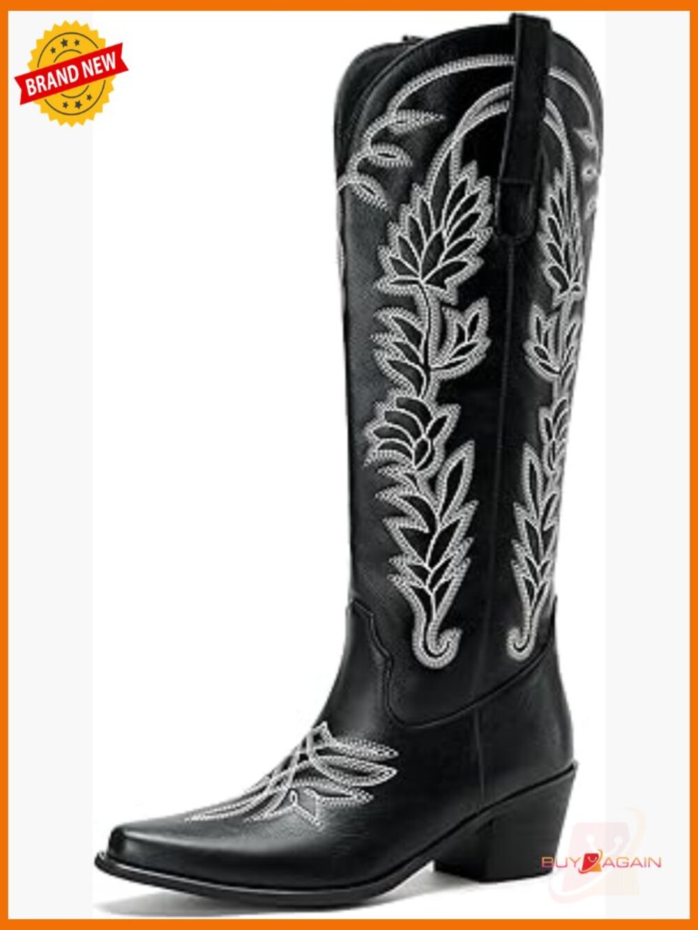 Women's Cowboy Boots Knee High Floral Embroidery Side Zip Chunky Heel Pointed